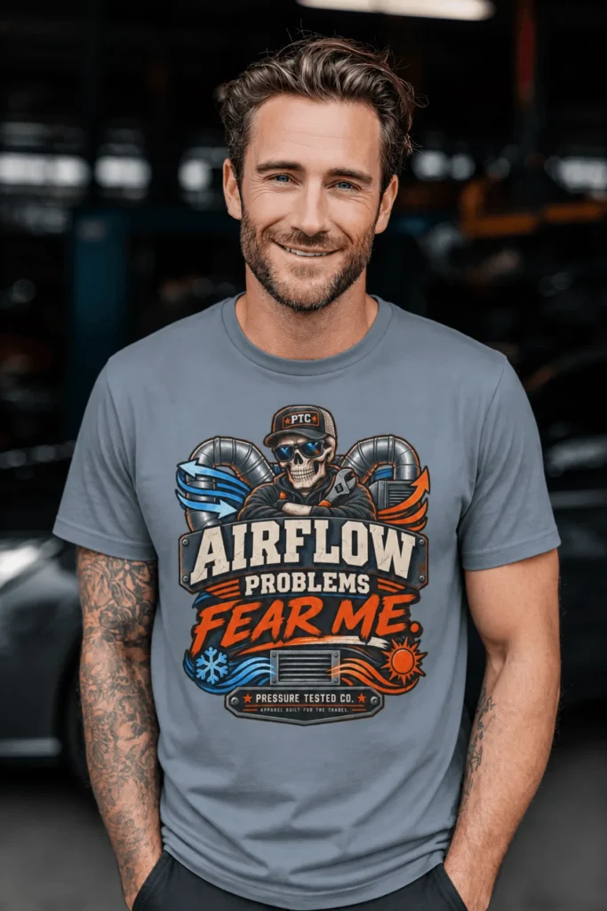 Airflow Problems Fear Me T-Shirt — HVAC Technician Skull Logo Tee — blue-jean t-shirt, model photo | Pressure Tested Co