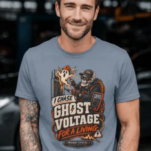 Ghost Voltage T-Shirt — 'I Chase Ghost Voltage for a Living' Vintage Electrician Tee — blue-jean t-shirt, model photo | Pressure Tested Co