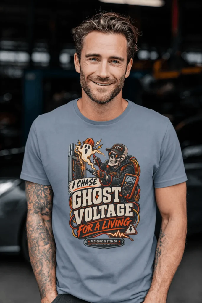 Ghost Voltage T-Shirt — 'I Chase Ghost Voltage for a Living' Vintage Electrician Tee — blue-jean t-shirt, model photo | Pressure Tested Co