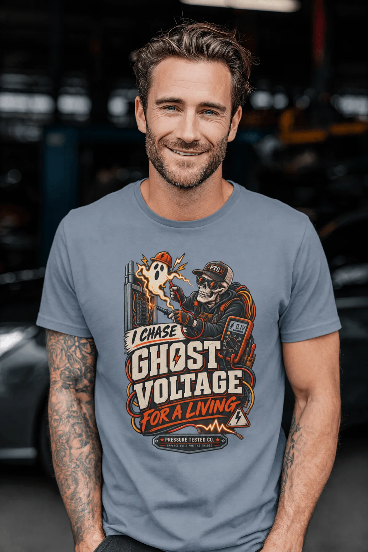 Ghost Voltage T-Shirt — 'I Chase Ghost Voltage for a Living' Vintage Electrician Tee — blue-jean t-shirt, model photo | Pressure Tested Co