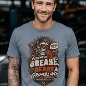 Mechanic Skull T-Shirt — "Fluent in Grease, Gears and Grumbling" Graphic Tee — blue-jean t-shirt, model photo | Pressure Tested Co