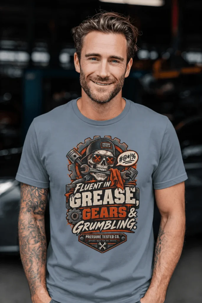 Mechanic Skull T-Shirt — "Fluent in Grease, Gears and Grumbling" Graphic Tee — blue-jean t-shirt, model photo | Pressure Tested Co