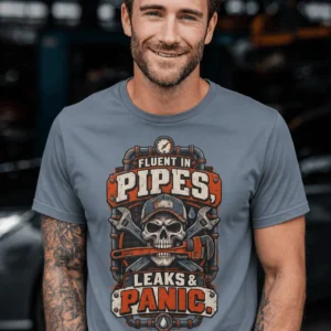 Plumber Skull T-Shirt — "Fluent in Pipes, Leaks and Panic" Workwear Tee — blue-jean t-shirt, model photo | Pressure Tested Co