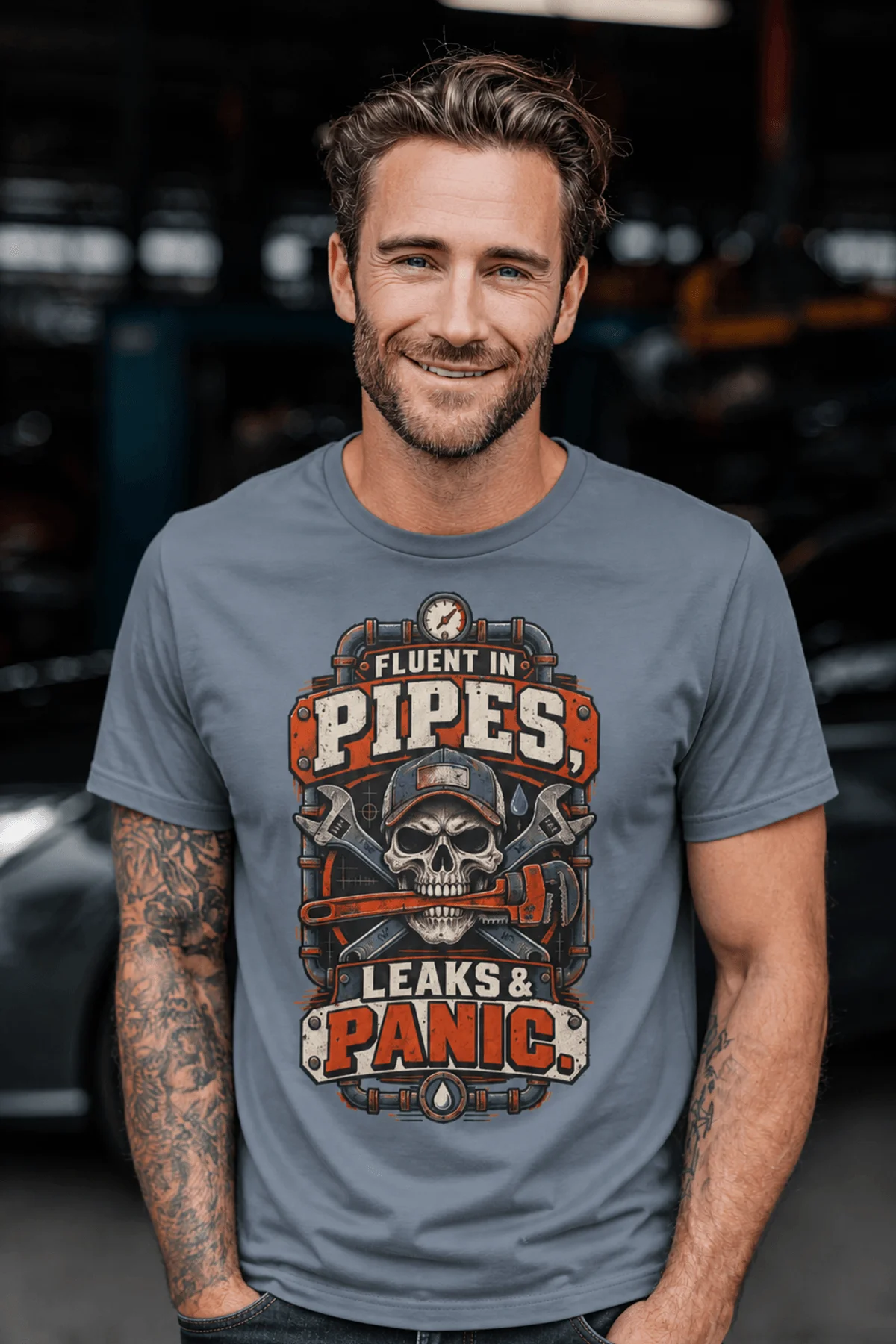 Plumber Skull T-Shirt — "Fluent in Pipes, Leaks and Panic" Workwear Tee — blue-jean t-shirt, model photo | Pressure Tested Co