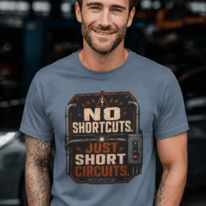 No Shortcuts Just Short Circuits T-Shirt — Funny Retro Industrial Electrician Tee — blue-jean t-shirt, model photo | Pressure Tested Co