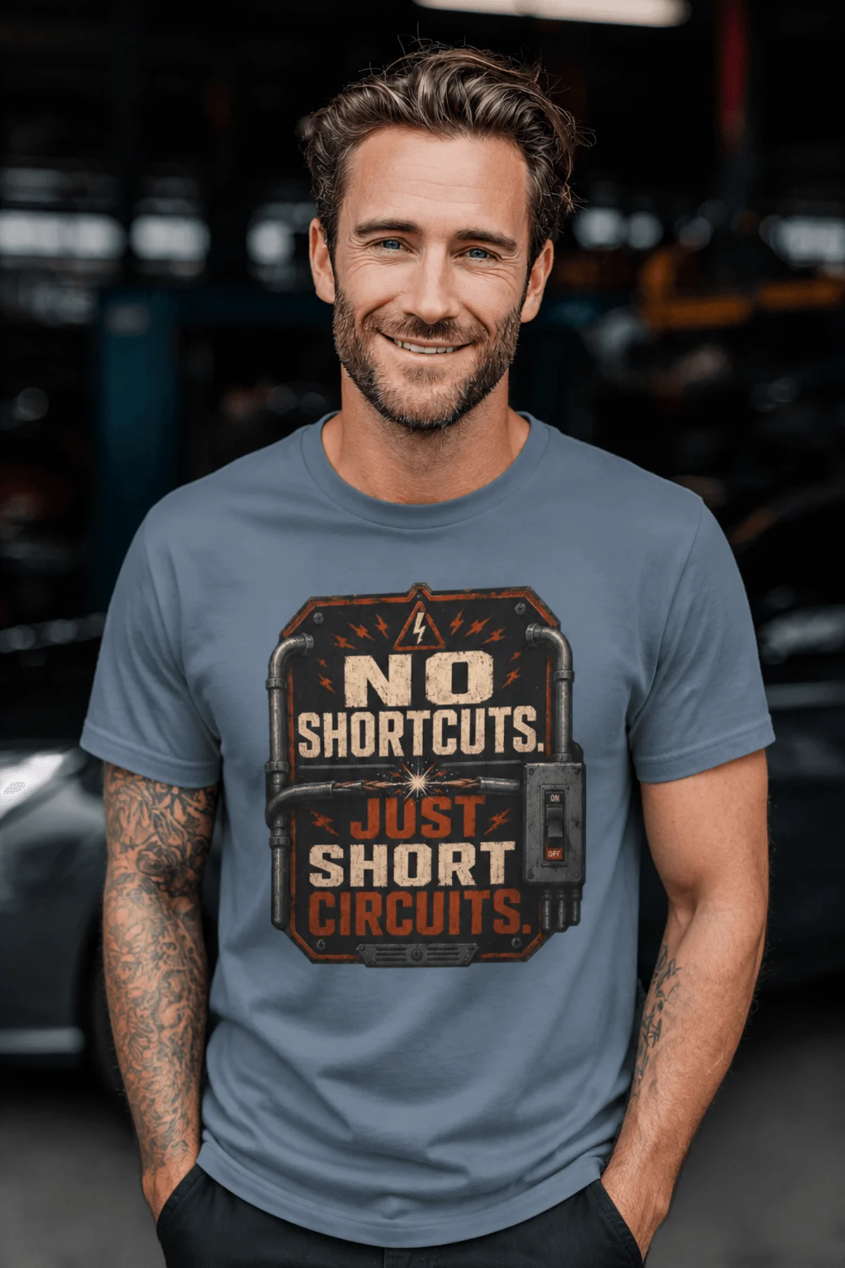 No Shortcuts Just Short Circuits T-Shirt — Funny Retro Industrial Electrician Tee — blue-jean t-shirt, model photo | Pressure Tested Co