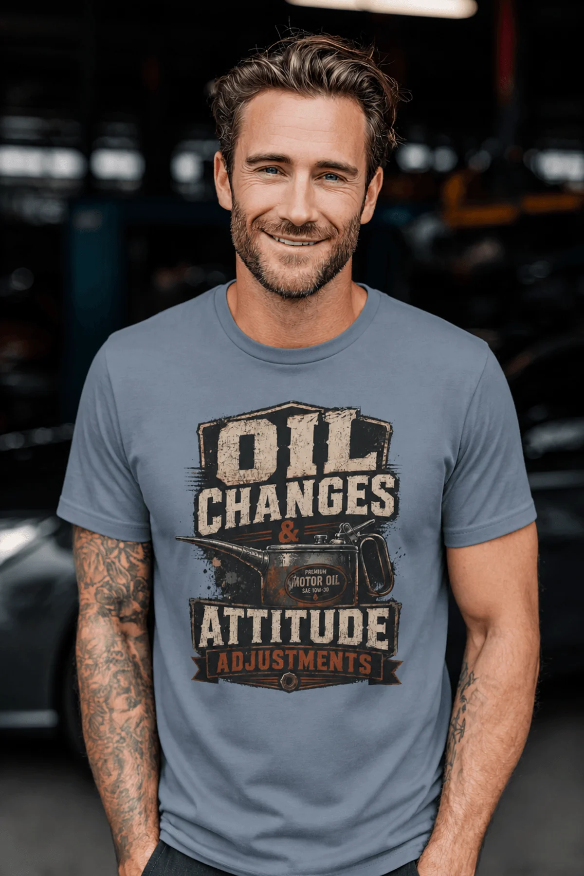 'Oil Changes and Attitude Adjustments' T-Shirt — Funny Retro Industrial Mechanic's Tee — blue-jean t-shirt, model photo | Pressure Tested Co