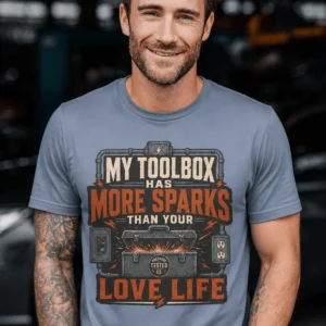 T-Shirt — "My Toolbox Has More Sparks Than Your Love Life" Electrician/Mechanic Workshop Tee — blue-jean t-shirt, model photo | Pressure Tested Co