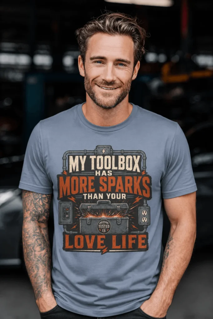 T-Shirt — "My Toolbox Has More Sparks Than Your Love Life" Electrician/Mechanic Workshop Tee — blue-jean t-shirt, model photo | Pressure Tested Co