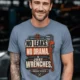 "No Leaks, No Drama, Just Wrenches" Vintage Plumbing Tee — blue-jean t-shirt, model photo | Pressure Tested Co