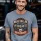 'Blue Collar. Cold Air. Hot Coffee.' T-Shirt — Funny Retro Industrial HVAC Tee — blue-jean t-shirt, model photo | Pressure Tested Co