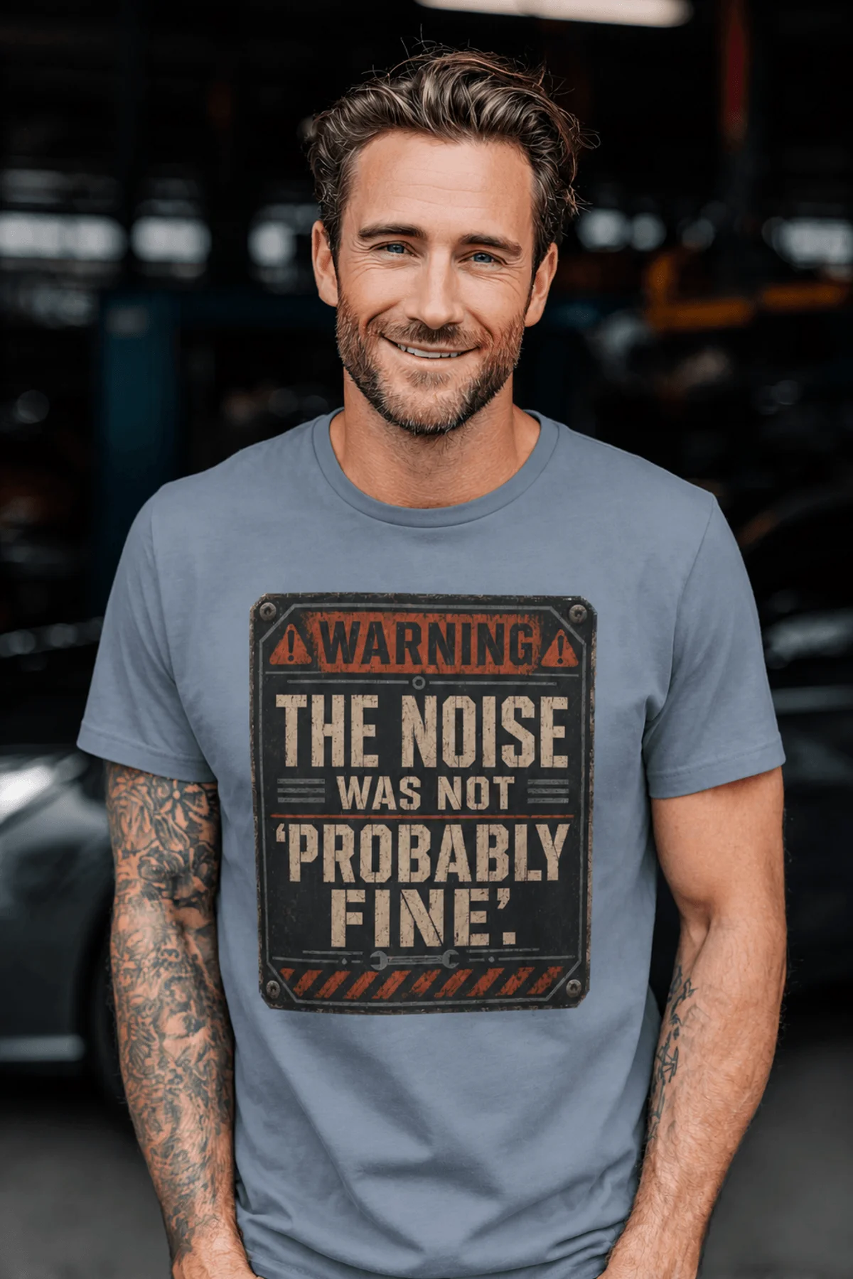 Warning Sign T-Shirt — "The Noise Was Not 'Probably Fine'" Vintage Graphic Tee — blue-jean t-shirt, model photo | Pressure Tested Co