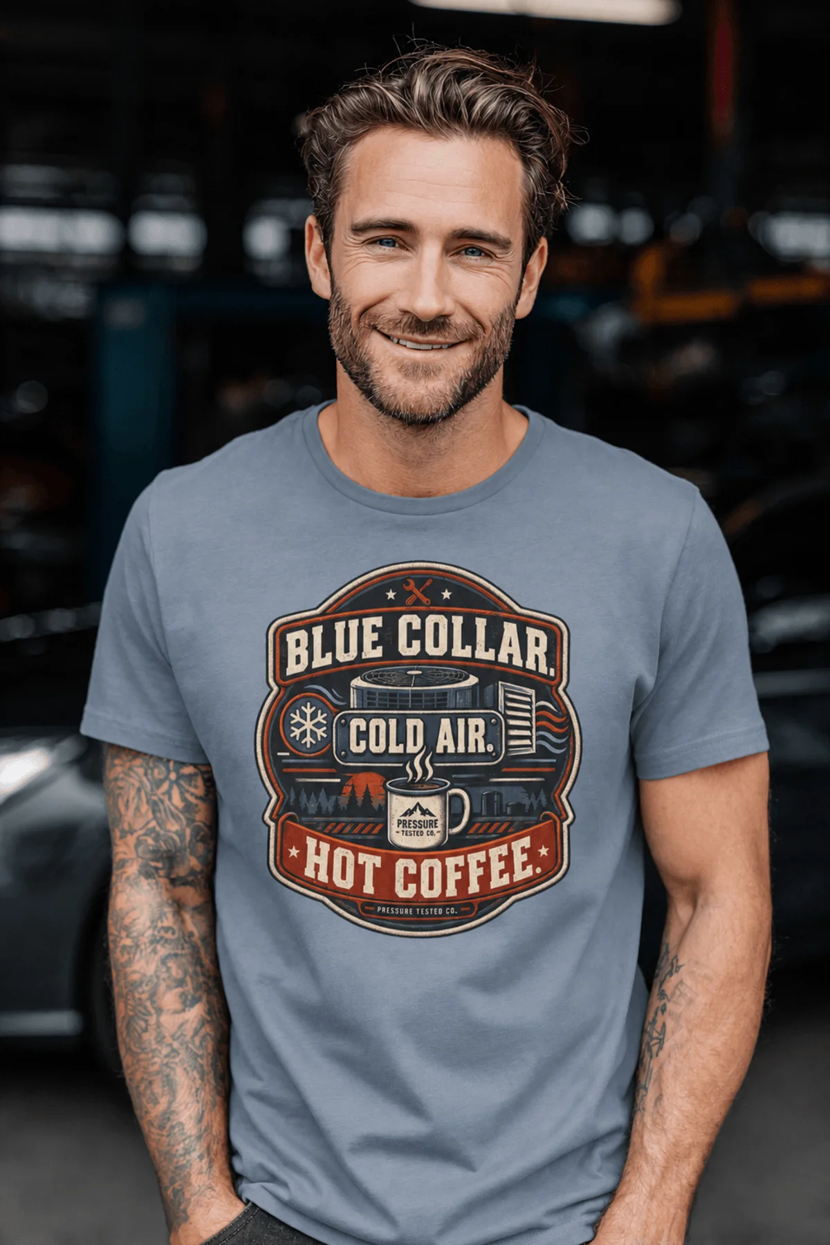 'Blue Collar. Cold Air. Hot Coffee.' T-Shirt — Funny Retro Industrial HVAC Tee — blue-jean t-shirt, model photo | Pressure Tested Co