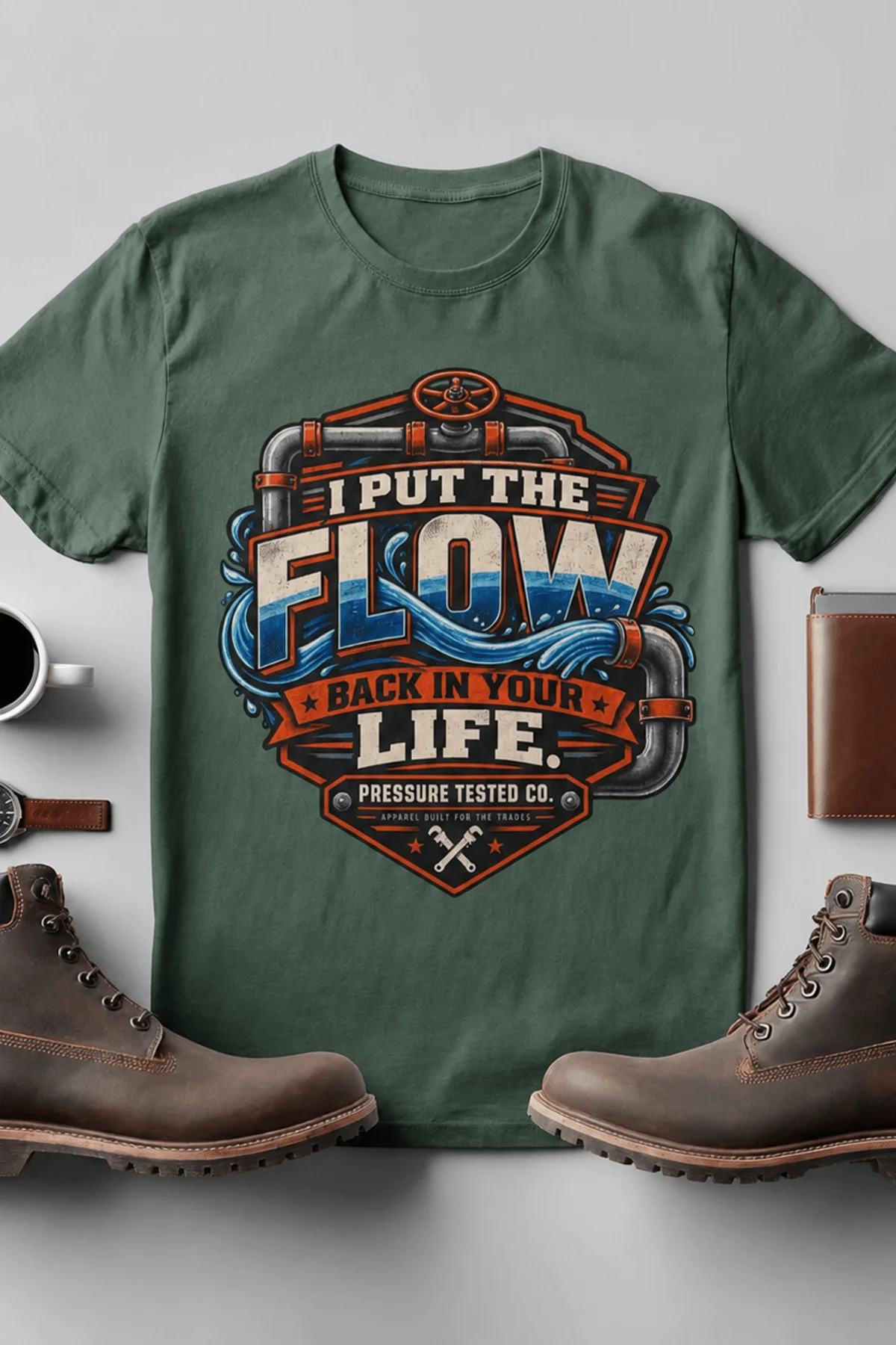 'I Put The Flow Back Into Your Life.' T-Shirt — Funny Retro Industrial Plumber's Tee — blue-spruce t-shirt, flat-lay product photo | Pressure Tested Co