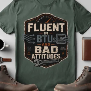 HVAC Tech T‑Shirt – "Fluent In BTUs And Bad Attitudes" — blue-spruce t-shirt, flat-lay product photo | Pressure Tested Co