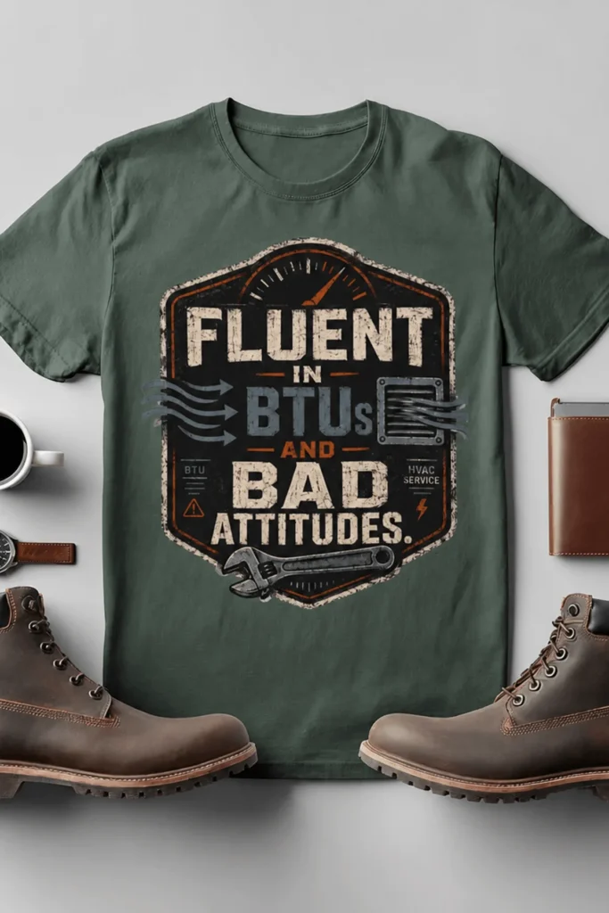 HVAC Tech T‑Shirt – "Fluent In BTUs And Bad Attitudes" — blue-spruce t-shirt, flat-lay product photo | Pressure Tested Co