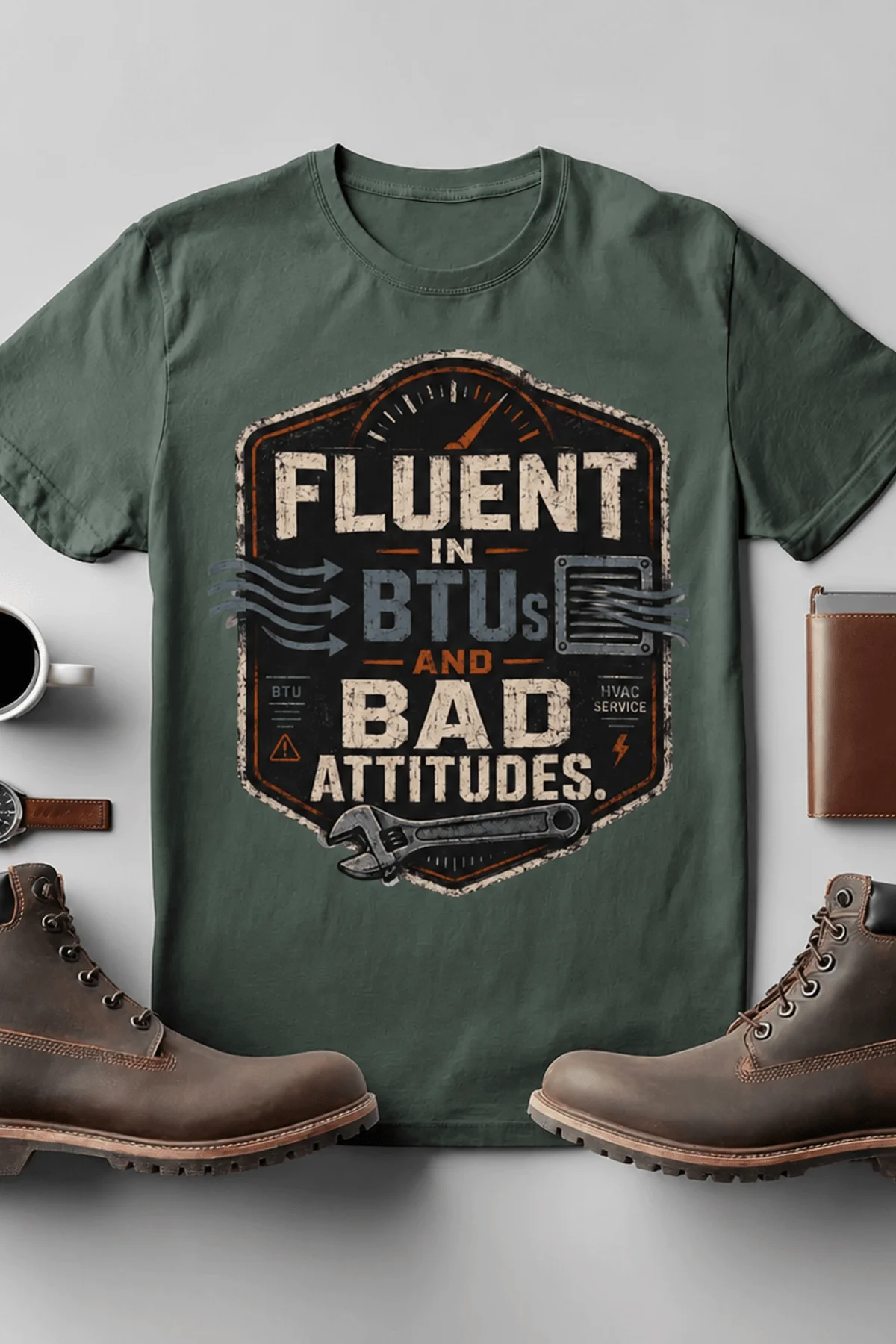 HVAC Tech T‑Shirt – "Fluent In BTUs And Bad Attitudes" — blue-spruce t-shirt, flat-lay product photo | Pressure Tested Co
