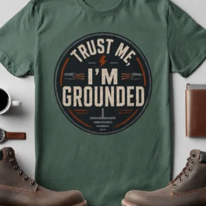 Grounded T‑Shirt – "Trust Me I'm Grounded" Electrical Tech Tee — blue-spruce t-shirt, flat-lay product photo | Pressure Tested Co