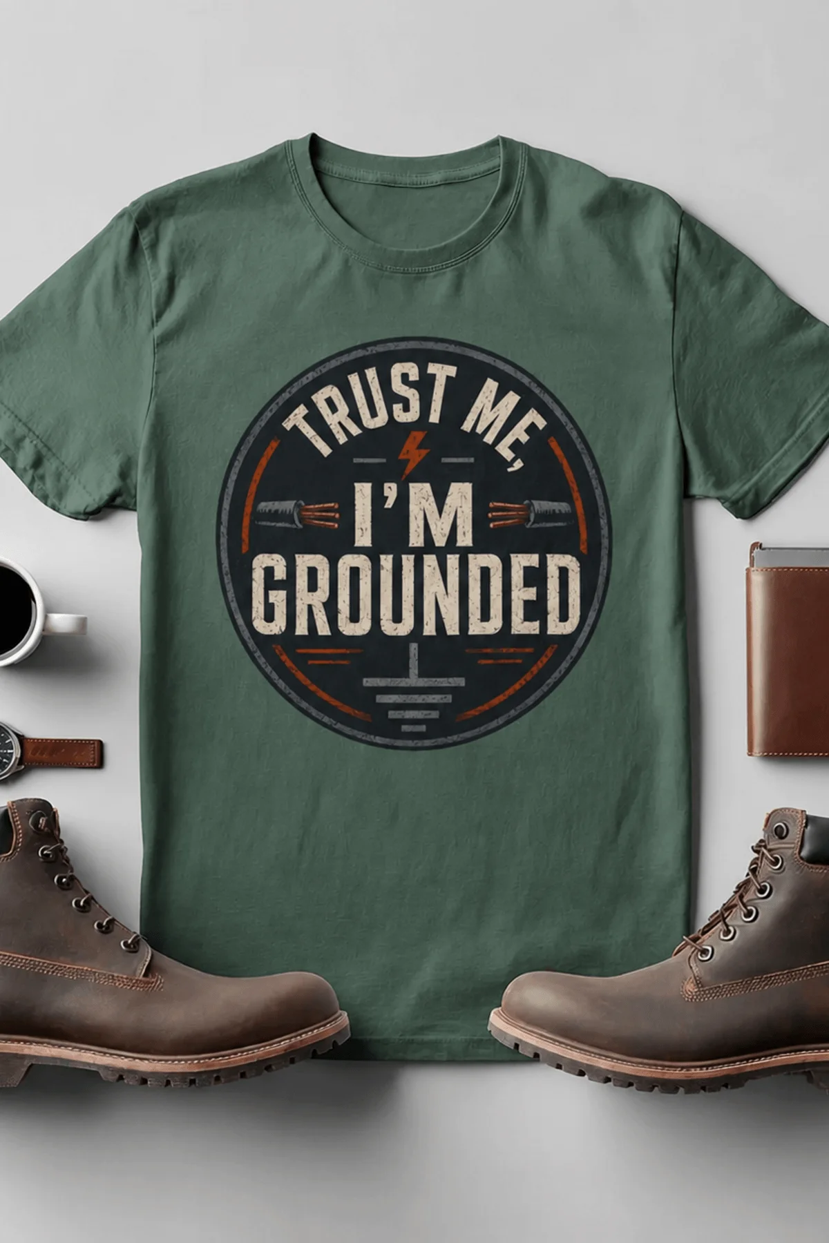 Grounded T‑Shirt – "Trust Me I'm Grounded" Electrical Tech Tee — blue-spruce t-shirt, flat-lay product photo | Pressure Tested Co
