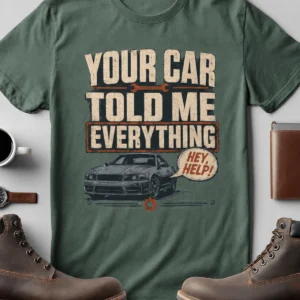 Mechanic T‑Shirt – "Your Car Told Me Everything" Vintage Graphic Design Tee — blue-spruce t-shirt, flat-lay product photo | Pressure Tested Co