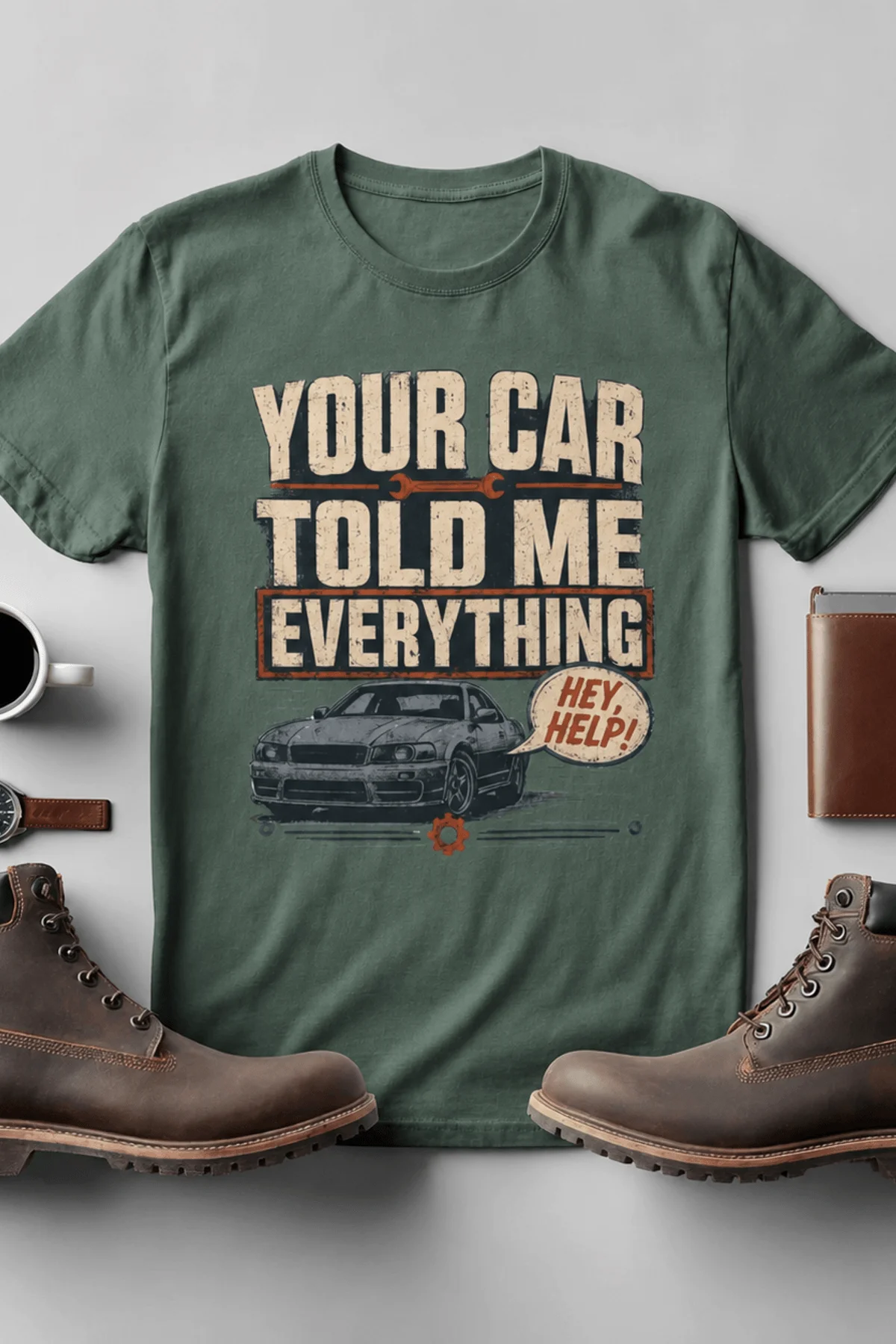 Mechanic T‑Shirt – "Your Car Told Me Everything" Vintage Graphic Design Tee — blue-spruce t-shirt, flat-lay product photo | Pressure Tested Co