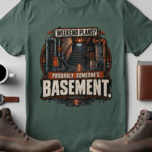 Plumber T‑Shirt – "Weekend Plans? Probably Someone's Basement" Vintage Graphic Design Tee — blue-spruce t-shirt, flat-lay product photo | Pressure Tested Co