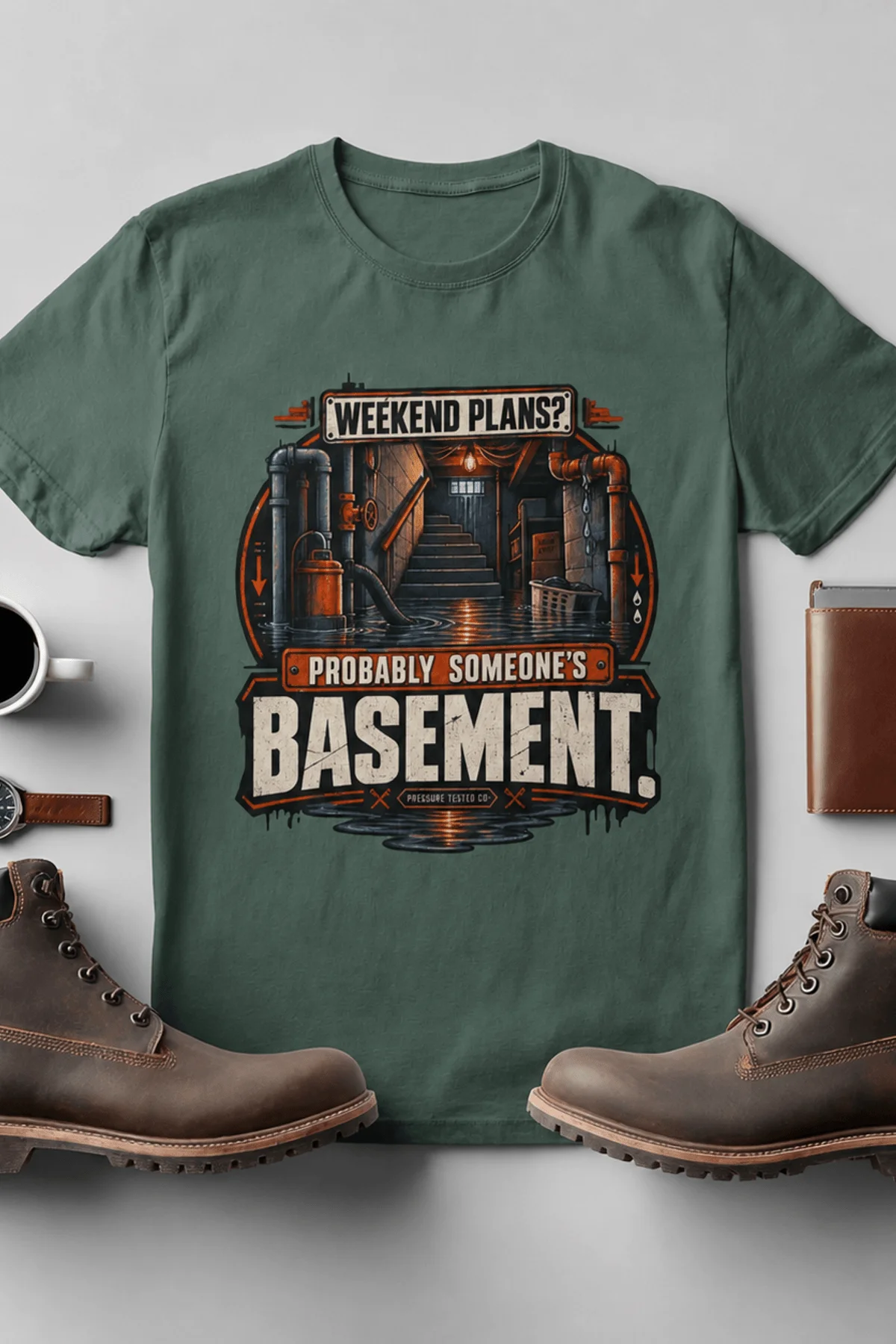 Plumber T‑Shirt – "Weekend Plans? Probably Someone's Basement" Vintage Graphic Design Tee — blue-spruce t-shirt, flat-lay product photo | Pressure Tested Co