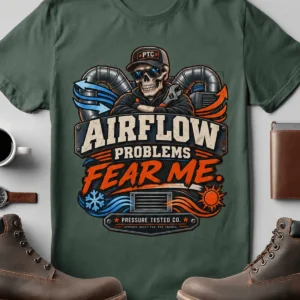 Airflow Problems Fear Me T-Shirt — HVAC Technician Skull Logo Tee — blue-spruce t-shirt, flat-lay product photo | Pressure Tested Co