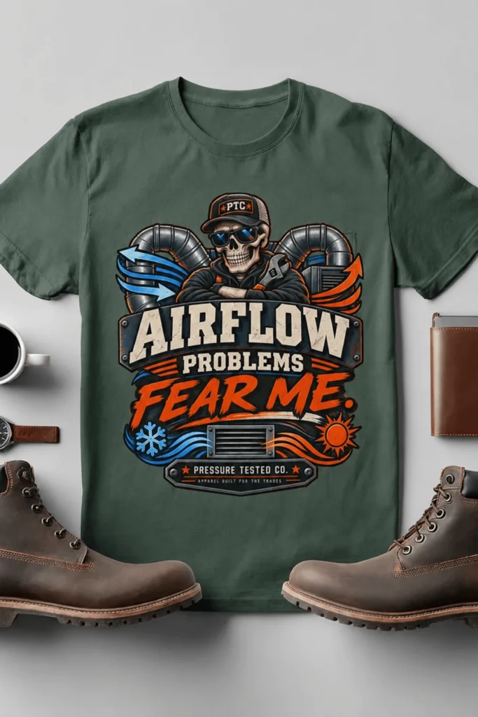 Airflow Problems Fear Me T-Shirt — HVAC Technician Skull Logo Tee — blue-spruce t-shirt, flat-lay product photo | Pressure Tested Co