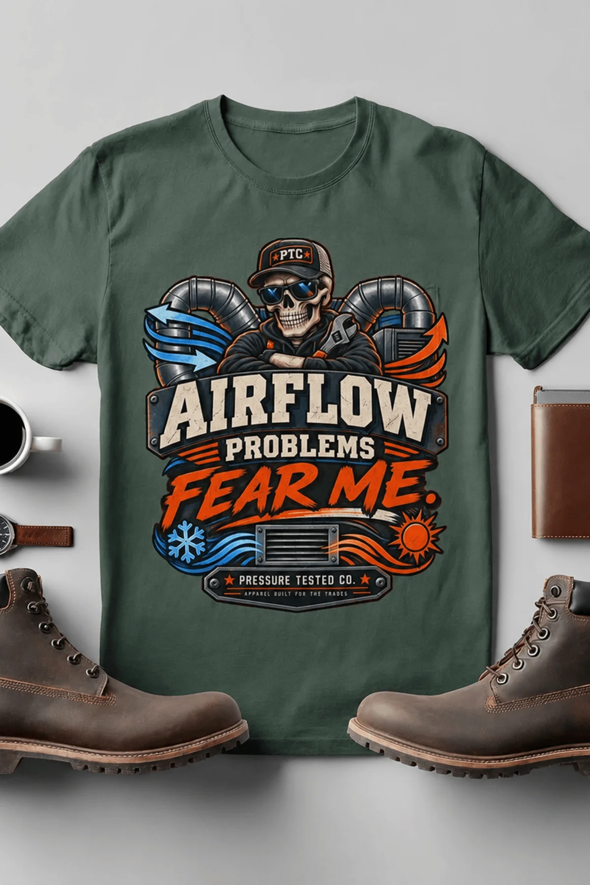 Airflow Problems Fear Me T-Shirt — HVAC Technician Skull Logo Tee — blue-spruce t-shirt, flat-lay product photo | Pressure Tested Co