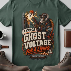 Ghost Voltage T-Shirt — 'I Chase Ghost Voltage for a Living' Vintage Electrician Tee — blue-spruce t-shirt, flat-lay product photo | Pressure Tested Co