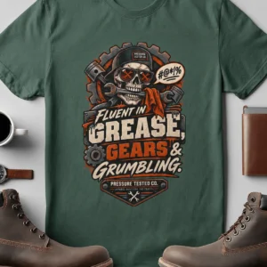 Mechanic Skull T-Shirt — "Fluent in Grease, Gears and Grumbling" Graphic Tee — blue-spruce t-shirt, flat-lay product photo | Pressure Tested Co