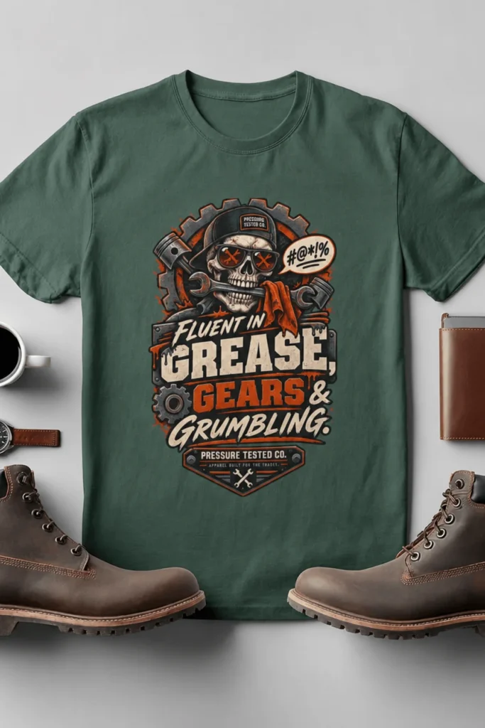Mechanic Skull T-Shirt — "Fluent in Grease, Gears and Grumbling" Graphic Tee — blue-spruce t-shirt, flat-lay product photo | Pressure Tested Co