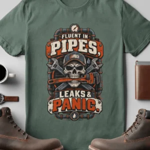 Plumber Skull T-Shirt — "Fluent in Pipes, Leaks and Panic" Workwear Tee — blue-spruce t-shirt, flat-lay product photo | Pressure Tested Co