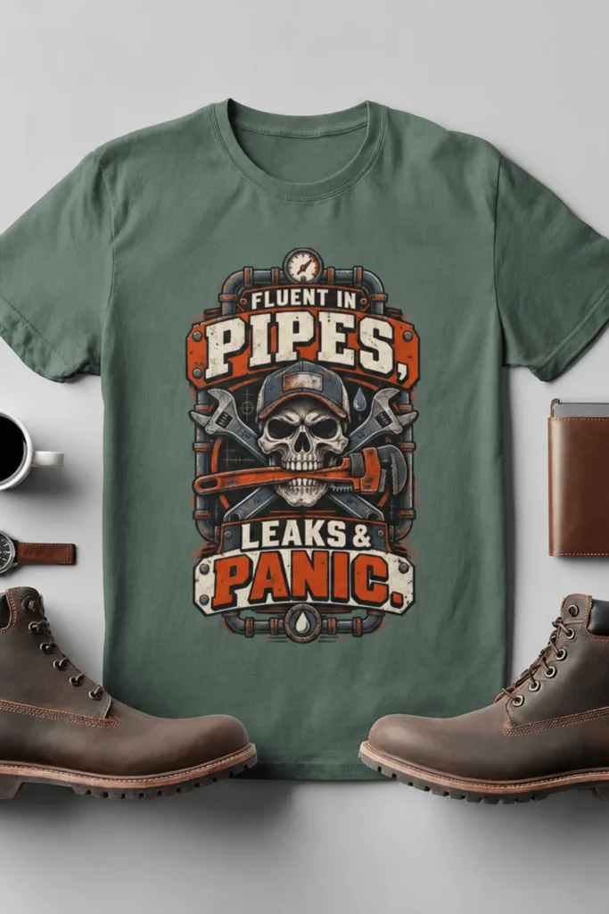 Plumber Skull T-Shirt — "Fluent in Pipes, Leaks and Panic" Workwear Tee — blue-spruce t-shirt, flat-lay product photo | Pressure Tested Co