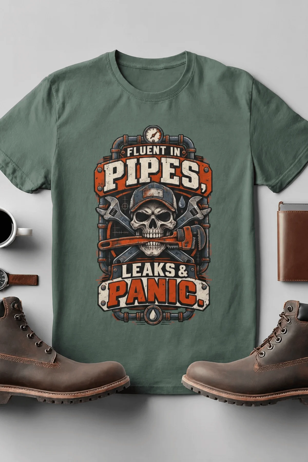 Plumber Skull T-Shirt — "Fluent in Pipes, Leaks and Panic" Workwear Tee — blue-spruce t-shirt, flat-lay product photo | Pressure Tested Co