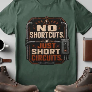 No Shortcuts Just Short Circuits T-Shirt — Funny Retro Industrial Electrician Tee — blue-spruce t-shirt, flat-lay product photo | Pressure Tested Co