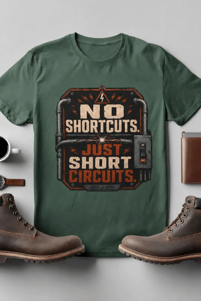 No Shortcuts Just Short Circuits T-Shirt — Funny Retro Industrial Electrician Tee — blue-spruce t-shirt, flat-lay product photo | Pressure Tested Co