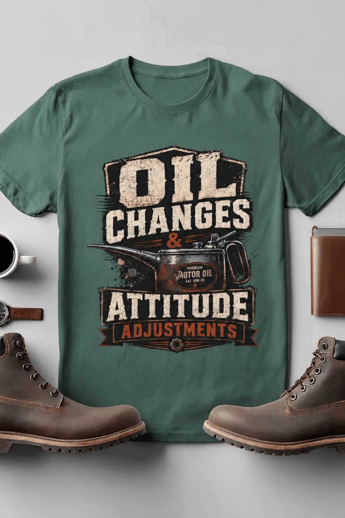 'Oil Changes and Attitude Adjustments' T-Shirt — Funny Retro Industrial Mechanic's Tee — blue-spruce t-shirt, flat-lay product photo | Pressure Tested Co