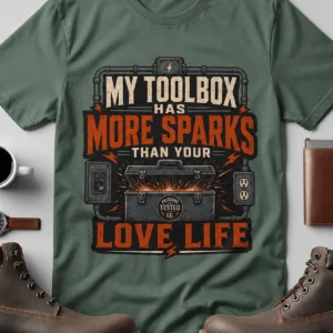 T-Shirt — "My Toolbox Has More Sparks Than Your Love Life" Electrician/Mechanic Workshop Tee — blue-spruce t-shirt, flat-lay product photo | Pressure Tested Co