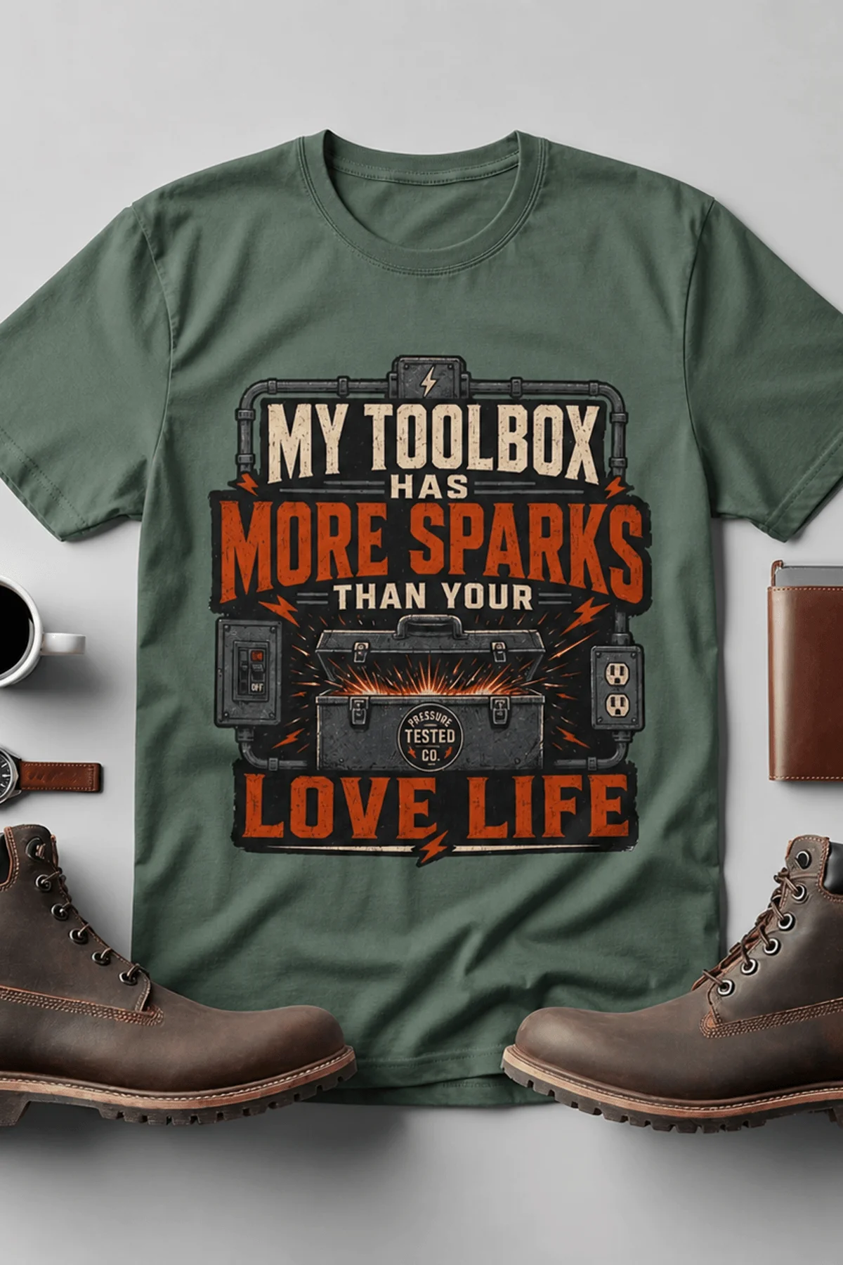 T-Shirt — "My Toolbox Has More Sparks Than Your Love Life" Electrician/Mechanic Workshop Tee — blue-spruce t-shirt, flat-lay product photo | Pressure Tested Co