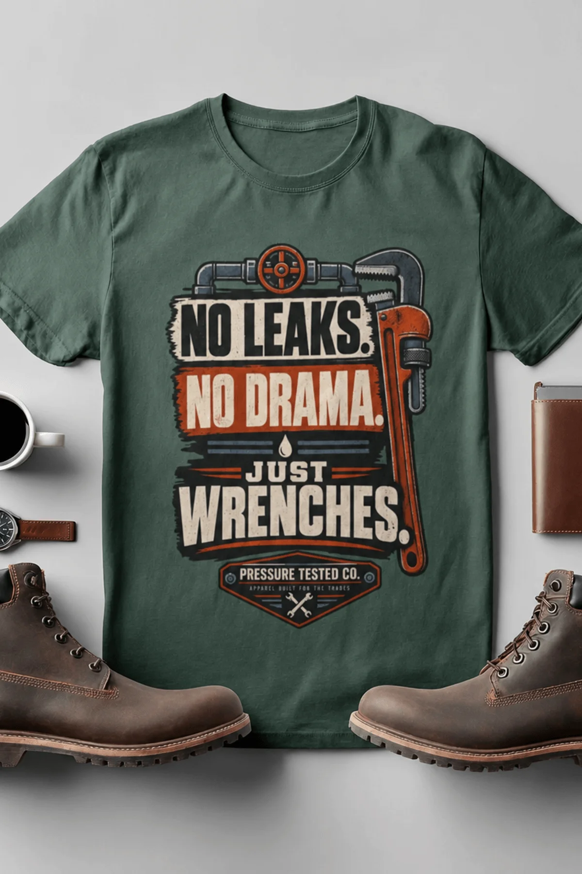 "No Leaks, No Drama, Just Wrenches" Vintage Plumbing Tee — blue-spruce t-shirt, flat-lay product photo | Pressure Tested Co
