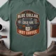 'Blue Collar. Cold Air. Hot Coffee.' T-Shirt — Funny Retro Industrial HVAC Tee — blue-spruce t-shirt, flat-lay product photo | Pressure Tested Co