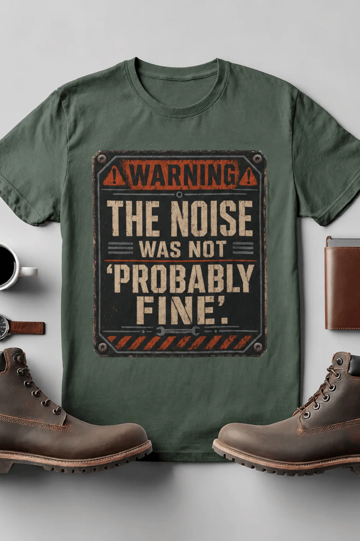 Warning Sign T-Shirt — "The Noise Was Not 'Probably Fine'" Vintage Graphic Tee — blue-spruce t-shirt, flat-lay product photo | Pressure Tested Co