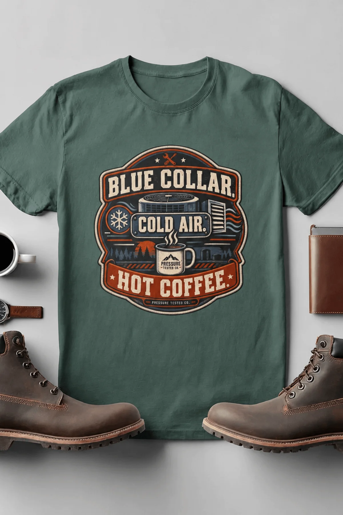 'Blue Collar. Cold Air. Hot Coffee.' T-Shirt — Funny Retro Industrial HVAC Tee — blue-spruce t-shirt, flat-lay product photo | Pressure Tested Co