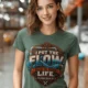 'I Put The Flow Back Into Your Life.' T-Shirt — Funny Retro Industrial Plumber's Tee — blue-spruce t-shirt, model photo | Pressure Tested Co