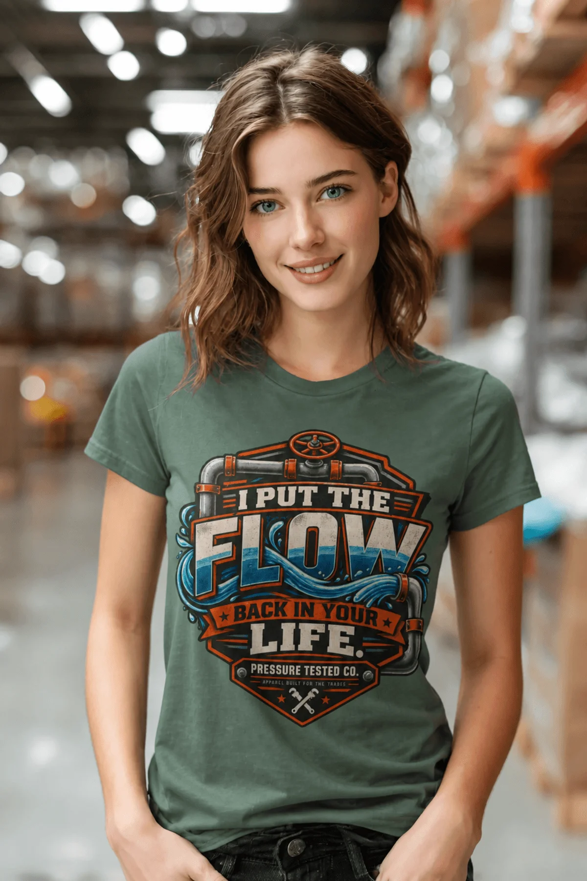 'I Put The Flow Back Into Your Life.' T-Shirt — Funny Retro Industrial Plumber's Tee — blue-spruce t-shirt, model photo | Pressure Tested Co