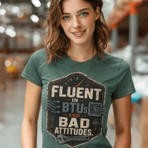HVAC Tech T‑Shirt – "Fluent In BTUs And Bad Attitudes" — blue-spruce t-shirt, model photo | Pressure Tested Co