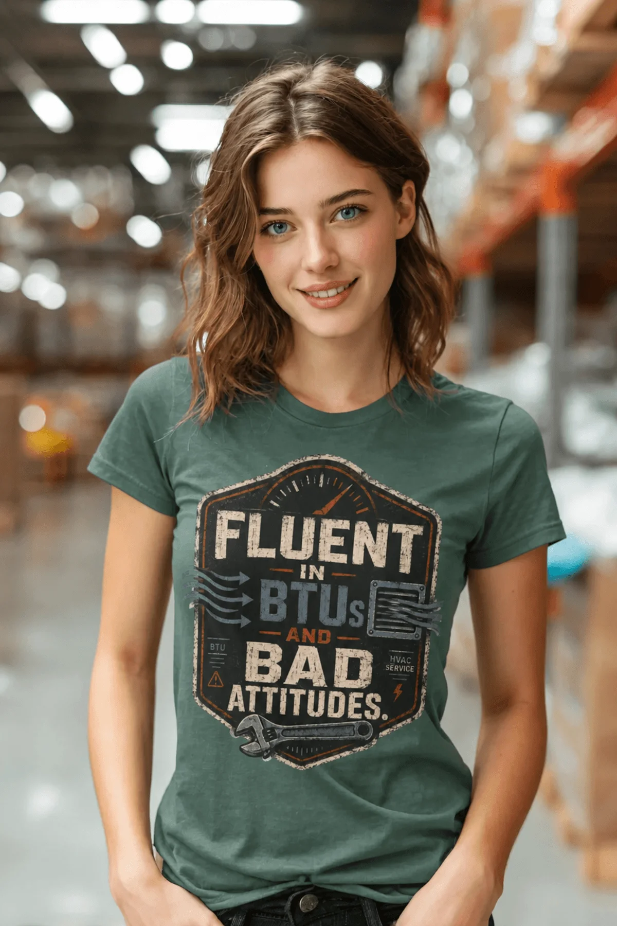HVAC Tech T‑Shirt – "Fluent In BTUs And Bad Attitudes" — blue-spruce t-shirt, model photo | Pressure Tested Co