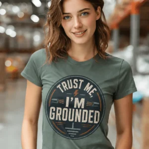 Grounded T‑Shirt – "Trust Me I'm Grounded" Electrical Tech Tee — blue-spruce t-shirt, model photo | Pressure Tested Co